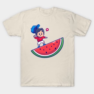 Cute Boy On Watermelon Cartoon T-Shirt